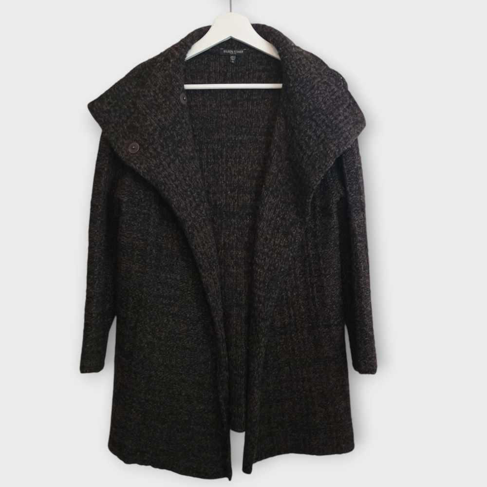 Eileen Fisher Cardigan Womens PS Brown Loom Knit Oversized Cozy Open Sweater
